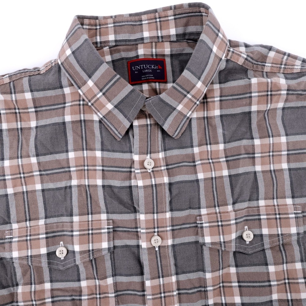 UNTUCKit Plaid 2 Pocket Button Down Shirt Grey Tan Long Sleeve Mens Large